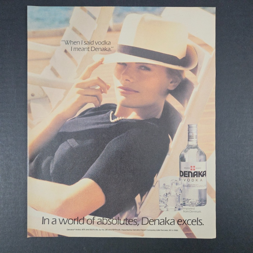 1989 Denaka Vodka Vintage Print Ad Lake‎ Success NY Beauty Wearing Hat Poolside